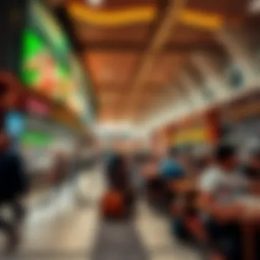 Vibrant Food Court at Dubai International Airport A vibrant food court filled with travelers enjoying diverse meals before their flights.