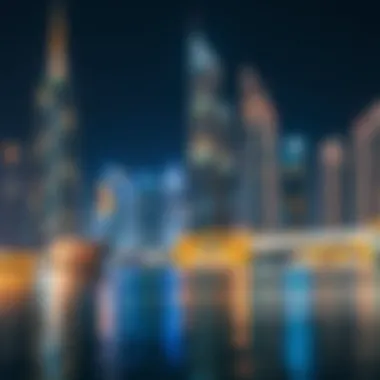 Dubai Marina: A Dazzling Nightscape Night view of illuminated skyscrapers reflecting in the water of Dubai Marina