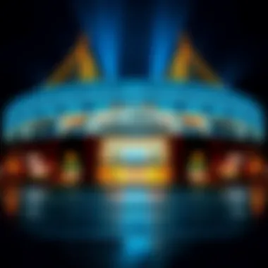 Exterior view of Etihad Arena illuminated at night