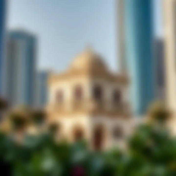 The building surrounded by the modern skyline of Dubai