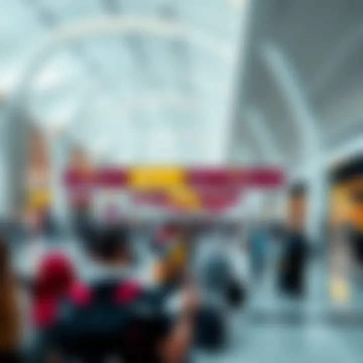 Interior shot of the departure area filled with travelers