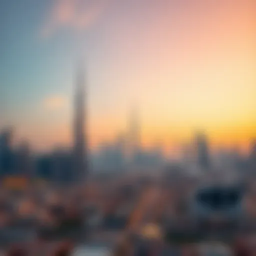 A panoramic view of Dubai's skyline showcasing iconic skyscrapers at sunset